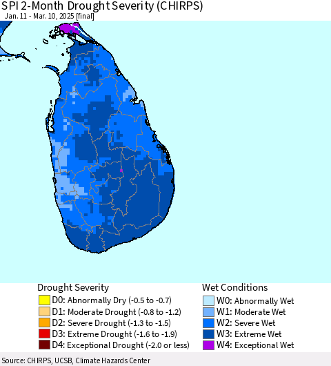 Sri Lanka SPI 2-Month Drought Severity (CHIRPS) Thematic Map For 1/11/2025 - 3/10/2025