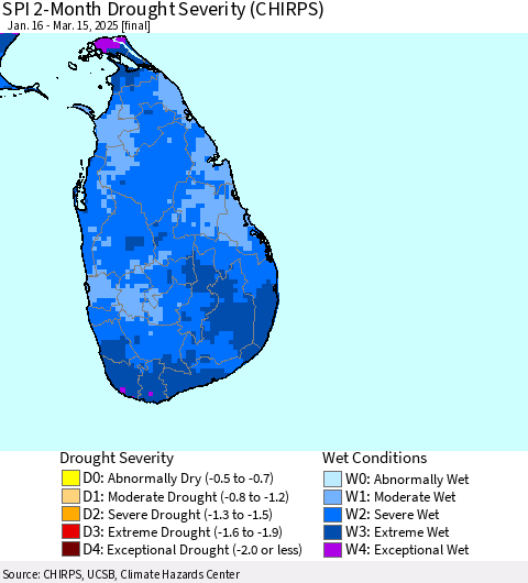Sri Lanka SPI 2-Month Drought Severity (CHIRPS) Thematic Map For 1/16/2025 - 3/15/2025