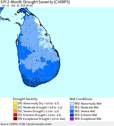 Sri Lanka SPI 2-Month Drought Severity (CHIRPS) Thematic Map For 1/21/2025 - 3/20/2025