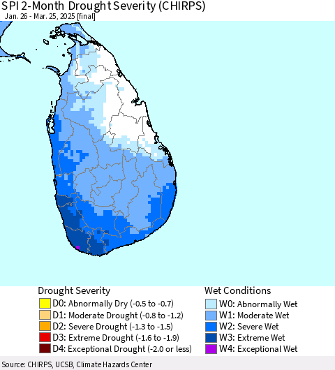 Sri Lanka SPI 2-Month Drought Severity (CHIRPS) Thematic Map For 1/26/2025 - 3/25/2025