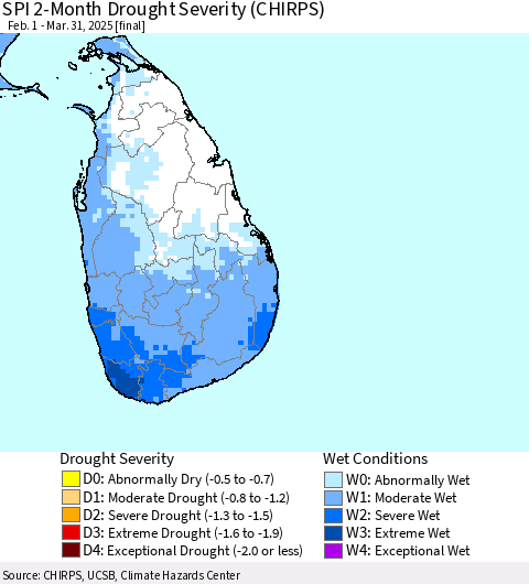 Sri Lanka SPI 2-Month Drought Severity (CHIRPS) Thematic Map For 2/1/2025 - 3/31/2025