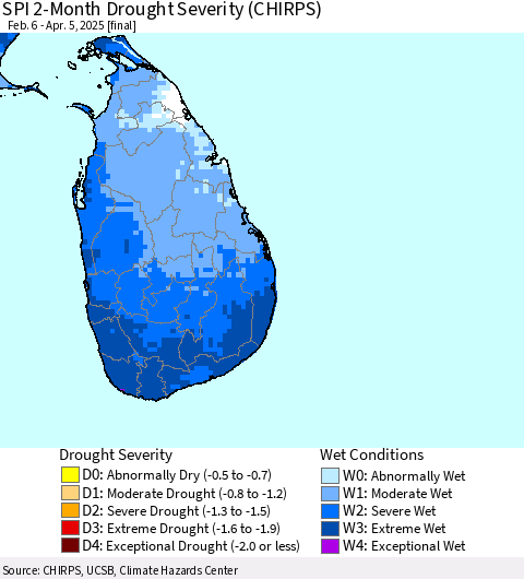 Sri Lanka SPI 2-Month Drought Severity (CHIRPS) Thematic Map For 2/6/2025 - 4/5/2025