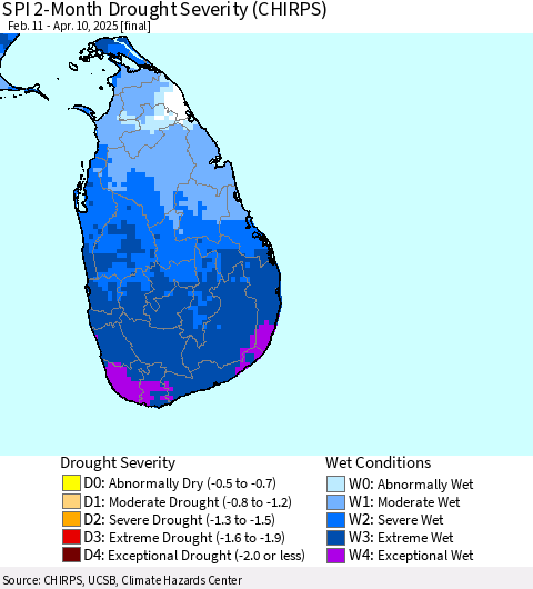 Sri Lanka SPI 2-Month Drought Severity (CHIRPS) Thematic Map For 2/11/2025 - 4/10/2025