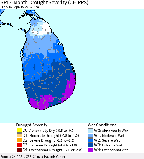 Sri Lanka SPI 2-Month Drought Severity (CHIRPS) Thematic Map For 2/16/2025 - 4/15/2025