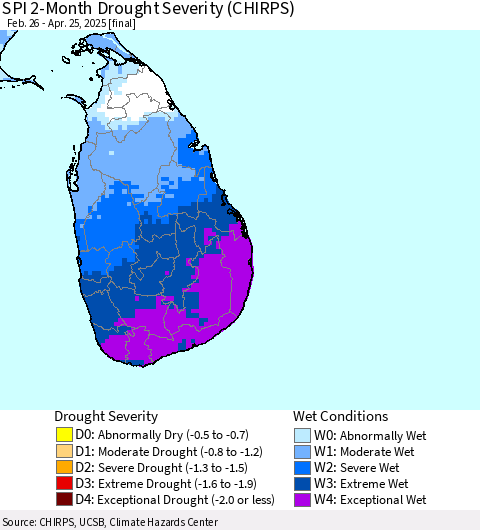 Sri Lanka SPI 2-Month Drought Severity (CHIRPS) Thematic Map For 2/26/2025 - 4/25/2025