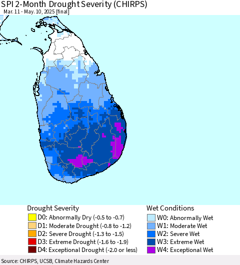 Sri Lanka SPI 2-Month Drought Severity (CHIRPS) Thematic Map For 3/11/2025 - 5/10/2025
