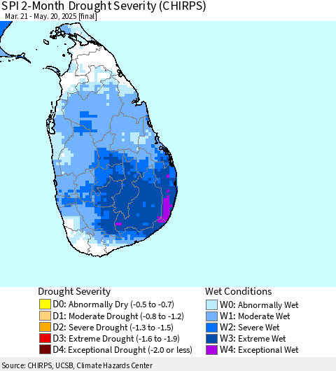 Sri Lanka SPI 2-Month Drought Severity (CHIRPS) Thematic Map For 3/21/2025 - 5/20/2025