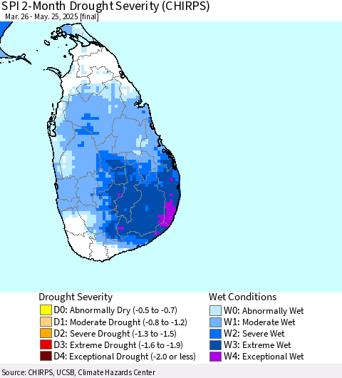 Sri Lanka SPI 2-Month Drought Severity (CHIRPS) Thematic Map For 3/26/2025 - 5/25/2025