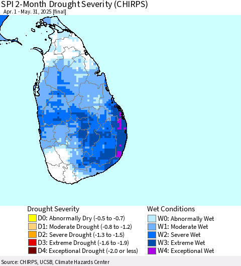 Sri Lanka SPI 2-Month Drought Severity (CHIRPS) Thematic Map For 4/1/2025 - 5/31/2025