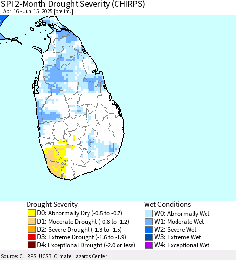 Sri Lanka SPI 2-Month Drought Severity (CHIRPS) Thematic Map For 4/16/2025 - 6/15/2025