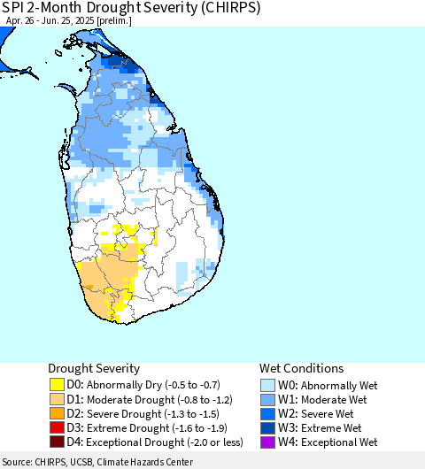 Sri Lanka SPI 2-Month Drought Severity (CHIRPS) Thematic Map For 4/26/2025 - 6/25/2025