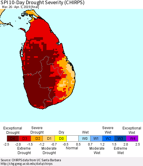 Sri Lanka SPI 10-Day Drought Severity (CHIRPS) Thematic Map For 3/26/2019 - 4/5/2019