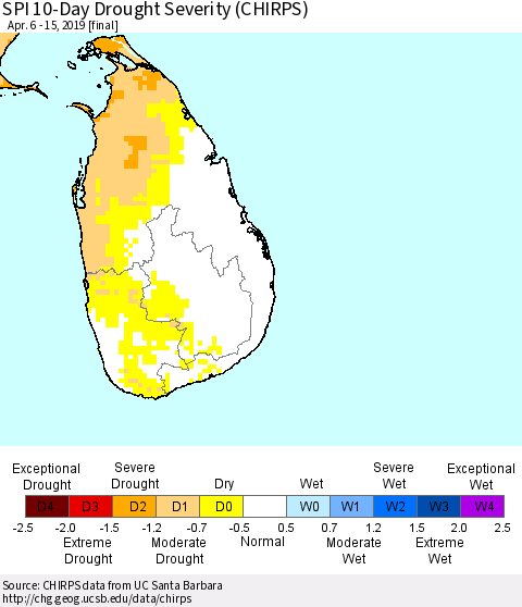Sri Lanka SPI 10-Day Drought Severity (CHIRPS) Thematic Map For 4/6/2019 - 4/15/2019