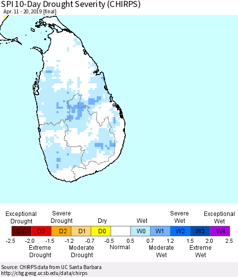 Sri Lanka SPI 10-Day Drought Severity (CHIRPS) Thematic Map For 4/11/2019 - 4/20/2019