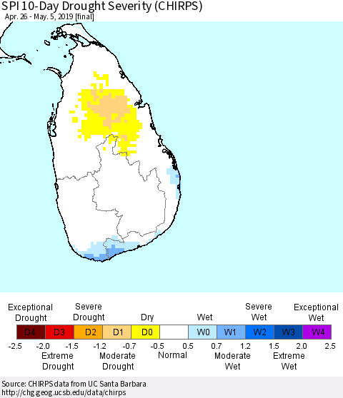 Sri Lanka SPI 10-Day Drought Severity (CHIRPS) Thematic Map For 4/26/2019 - 5/5/2019