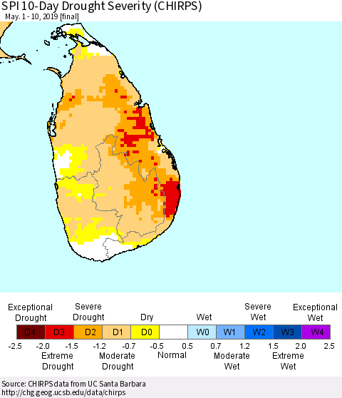 Sri Lanka SPI 10-Day Drought Severity (CHIRPS) Thematic Map For 5/1/2019 - 5/10/2019