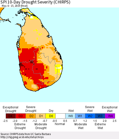 Sri Lanka SPI 10-Day Drought Severity (CHIRPS) Thematic Map For 5/6/2019 - 5/15/2019