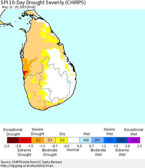 Sri Lanka SPI 10-Day Drought Severity (CHIRPS) Thematic Map For 5/11/2019 - 5/20/2019