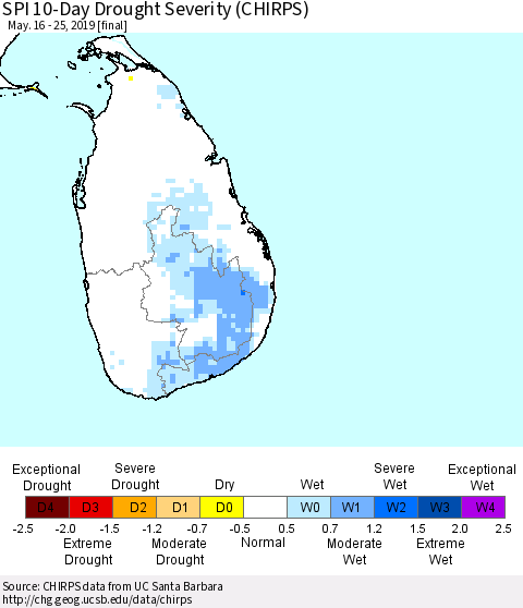 Sri Lanka SPI 10-Day Drought Severity (CHIRPS) Thematic Map For 5/16/2019 - 5/25/2019