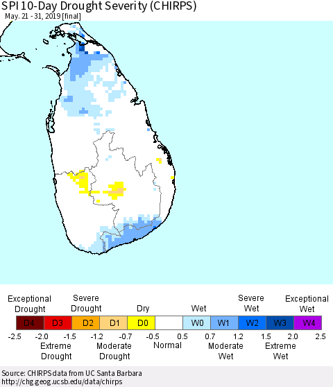 Sri Lanka SPI 10-Day Drought Severity (CHIRPS) Thematic Map For 5/21/2019 - 5/31/2019