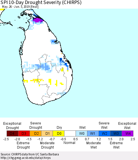 Sri Lanka SPI 10-Day Drought Severity (CHIRPS) Thematic Map For 5/26/2019 - 6/5/2019