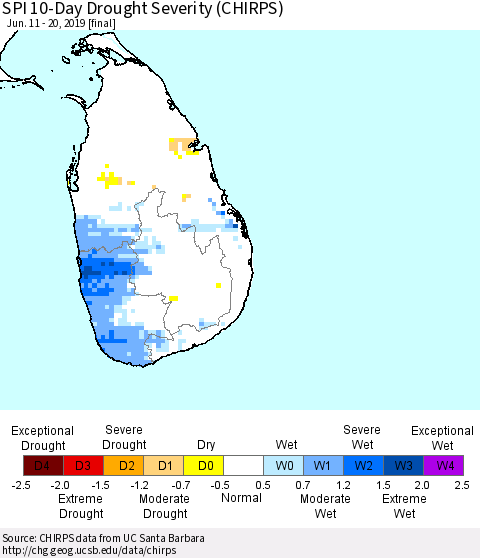 Sri Lanka SPI 10-Day Drought Severity (CHIRPS) Thematic Map For 6/11/2019 - 6/20/2019