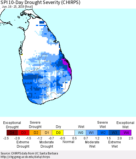Sri Lanka SPI 10-Day Drought Severity (CHIRPS) Thematic Map For 6/16/2019 - 6/25/2019