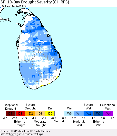 Sri Lanka SPI 10-Day Drought Severity (CHIRPS) Thematic Map For 6/21/2019 - 6/30/2019