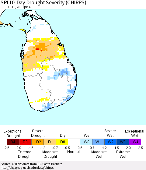 Sri Lanka SPI 10-Day Drought Severity (CHIRPS) Thematic Map For 7/1/2019 - 7/10/2019