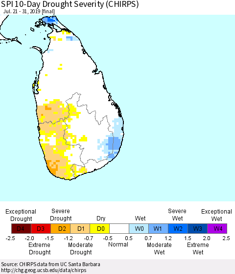 Sri Lanka SPI 10-Day Drought Severity (CHIRPS) Thematic Map For 7/21/2019 - 7/31/2019