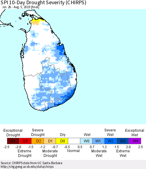 Sri Lanka SPI 10-Day Drought Severity (CHIRPS) Thematic Map For 7/26/2019 - 8/5/2019