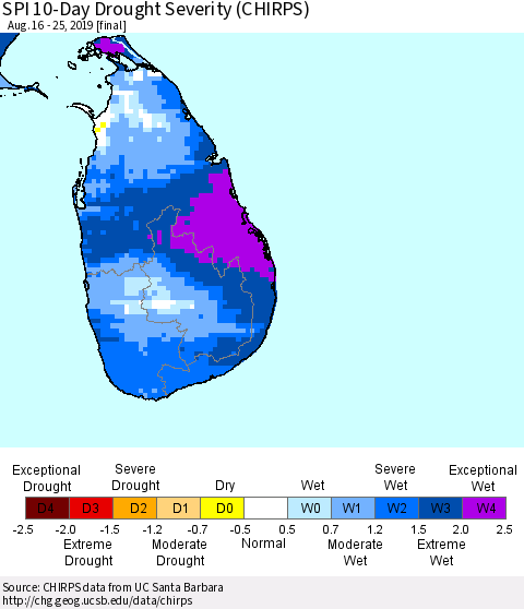 Sri Lanka SPI 10-Day Drought Severity (CHIRPS) Thematic Map For 8/16/2019 - 8/25/2019