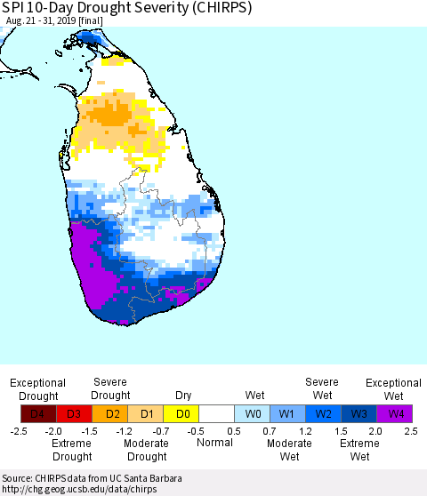 Sri Lanka SPI 10-Day Drought Severity (CHIRPS) Thematic Map For 8/21/2019 - 8/31/2019