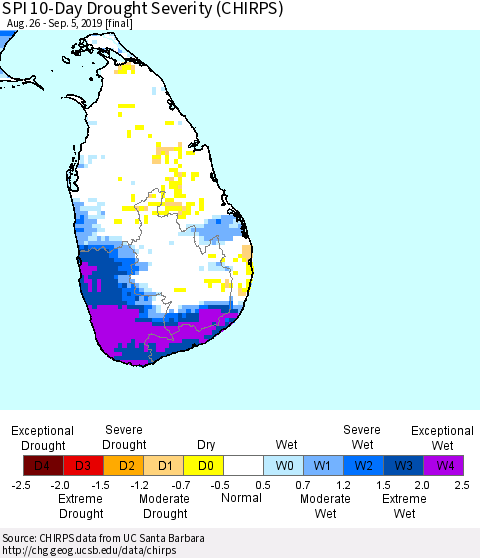 Sri Lanka SPI 10-Day Drought Severity (CHIRPS) Thematic Map For 8/26/2019 - 9/5/2019
