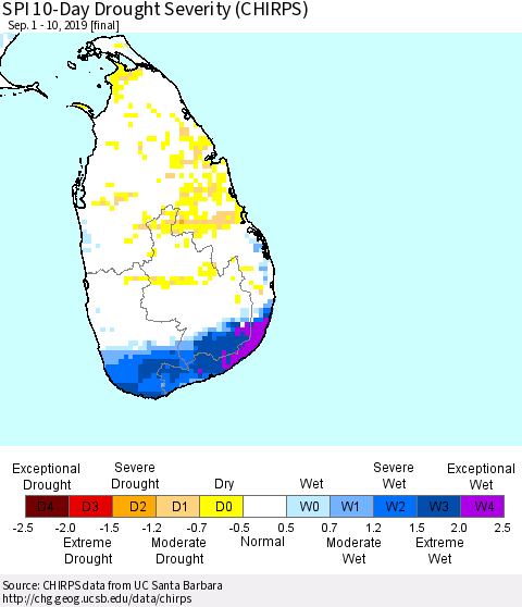 Sri Lanka SPI 10-Day Drought Severity (CHIRPS) Thematic Map For 9/1/2019 - 9/10/2019