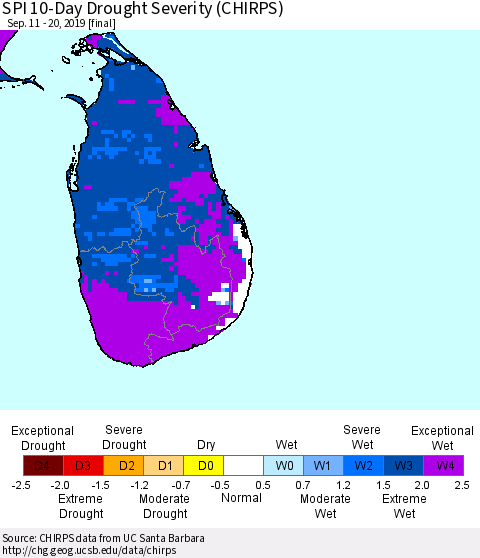 Sri Lanka SPI 10-Day Drought Severity (CHIRPS) Thematic Map For 9/11/2019 - 9/20/2019