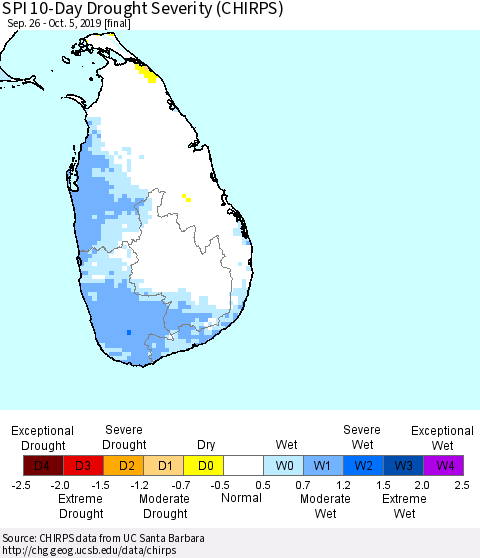Sri Lanka SPI 10-Day Drought Severity (CHIRPS) Thematic Map For 9/26/2019 - 10/5/2019