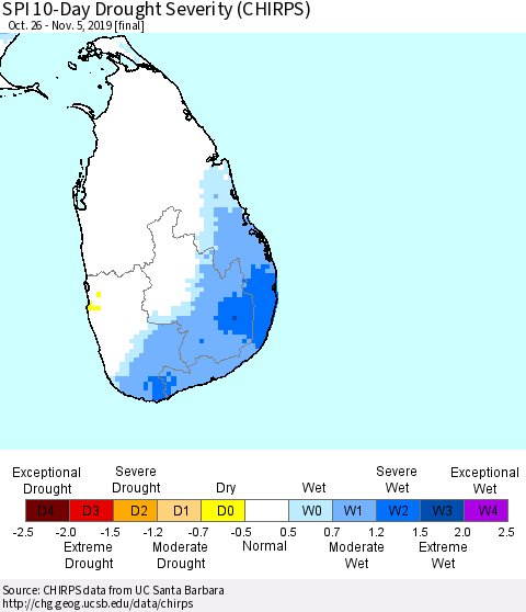 Sri Lanka SPI 10-Day Drought Severity (CHIRPS) Thematic Map For 10/26/2019 - 11/5/2019