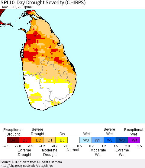 Sri Lanka SPI 10-Day Drought Severity (CHIRPS) Thematic Map For 11/1/2019 - 11/10/2019