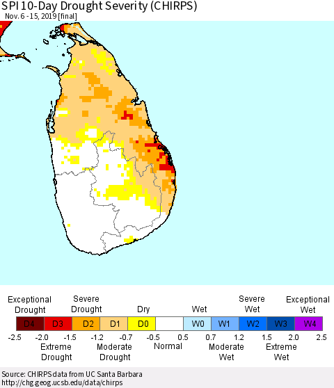 Sri Lanka SPI 10-Day Drought Severity (CHIRPS) Thematic Map For 11/6/2019 - 11/15/2019