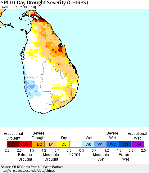 Sri Lanka SPI 10-Day Drought Severity (CHIRPS) Thematic Map For 11/11/2019 - 11/20/2019