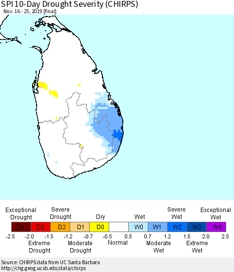 Sri Lanka SPI 10-Day Drought Severity (CHIRPS) Thematic Map For 11/16/2019 - 11/25/2019