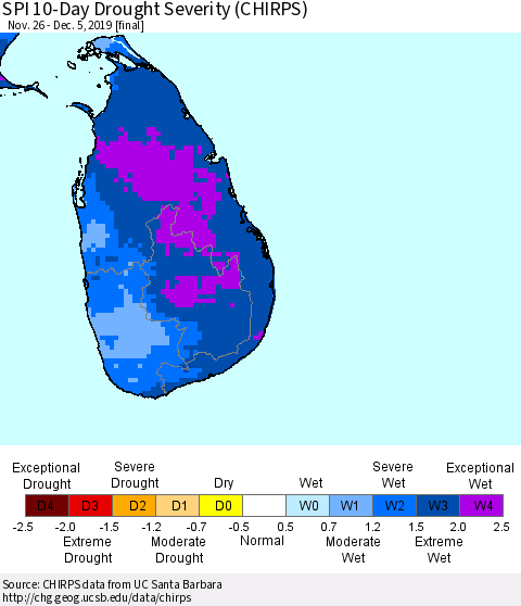 Sri Lanka SPI 10-Day Drought Severity (CHIRPS) Thematic Map For 11/26/2019 - 12/5/2019