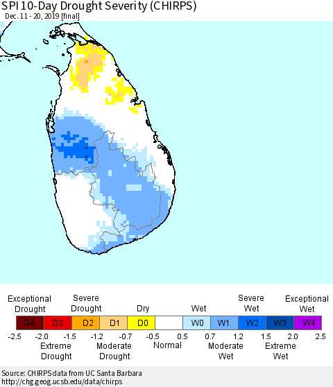 Sri Lanka SPI 10-Day Drought Severity (CHIRPS) Thematic Map For 12/11/2019 - 12/20/2019