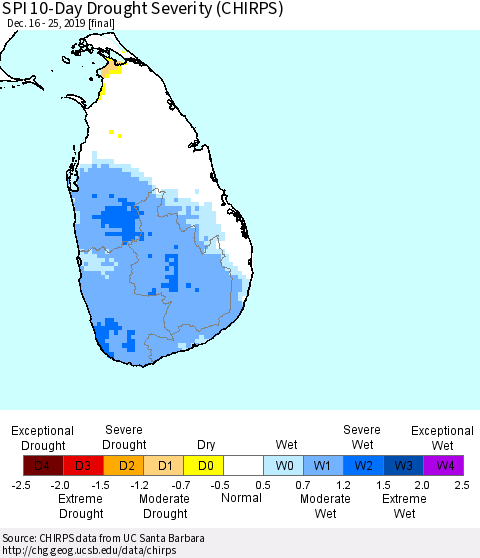 Sri Lanka SPI 10-Day Drought Severity (CHIRPS) Thematic Map For 12/16/2019 - 12/25/2019