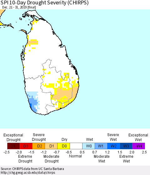 Sri Lanka SPI 10-Day Drought Severity (CHIRPS) Thematic Map For 12/21/2019 - 12/31/2019