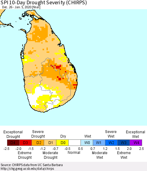 Sri Lanka SPI 10-Day Drought Severity (CHIRPS) Thematic Map For 12/26/2019 - 1/5/2020