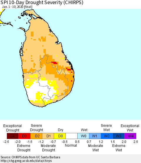 Sri Lanka SPI 10-Day Drought Severity (CHIRPS) Thematic Map For 1/1/2020 - 1/10/2020