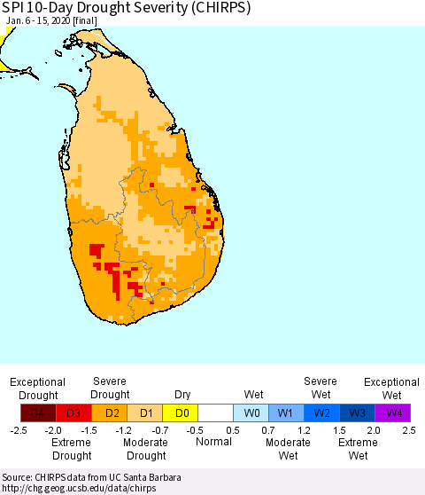 Sri Lanka SPI 10-Day Drought Severity (CHIRPS) Thematic Map For 1/6/2020 - 1/15/2020