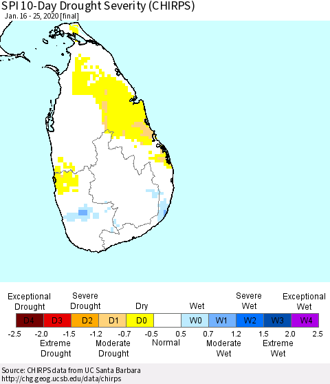 Sri Lanka SPI 10-Day Drought Severity (CHIRPS) Thematic Map For 1/16/2020 - 1/25/2020